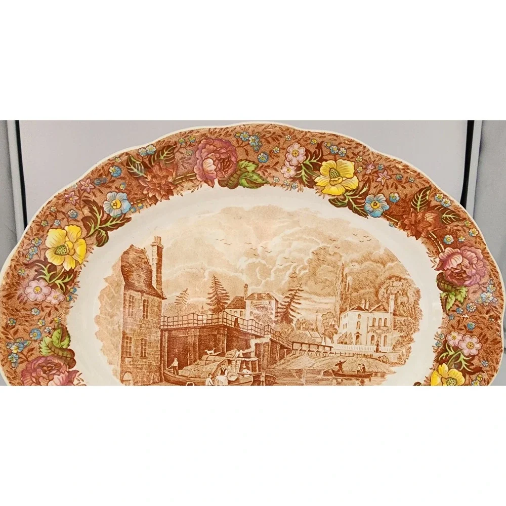 Palissy Oval Platter Thames River Scenes Datchet Bridge Bucks Brown Floral Multi